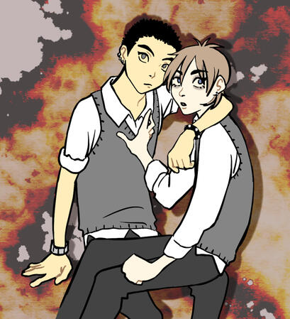Ronnie (left) and Benji (right, Lydia's oc). Horror story set in the mid 70s.